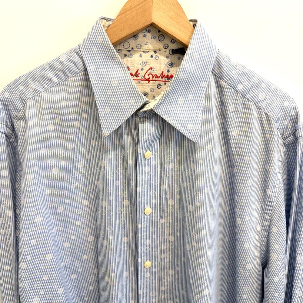 Robert Graham Mens XL Dress Shirt Blue Stripe Polka Dot Flip Cuff Fun Soft EUC